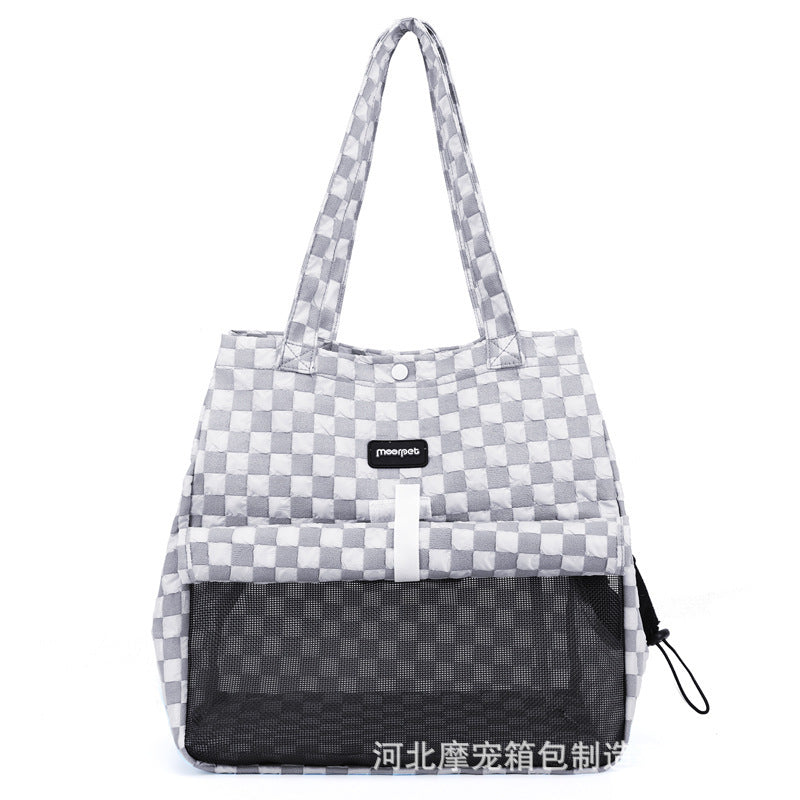 Sac à Dos Portable pour Chat, motif à carreaux gris, idéal pour transporter animaux avec confort.