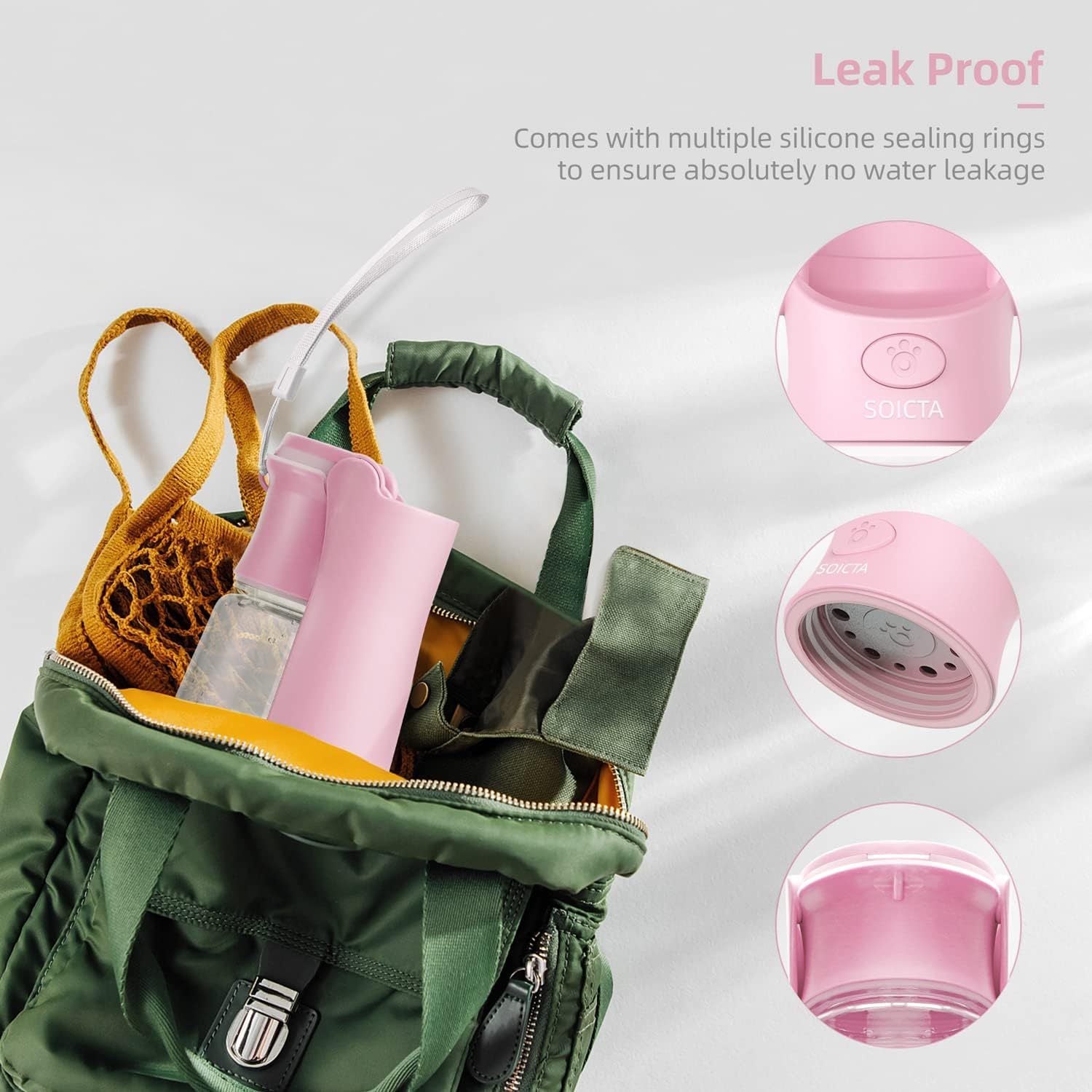 Bouteille d'eau portable pour chiens en rose, avec éléments de protection contre les fuites, dans un sac à dos.