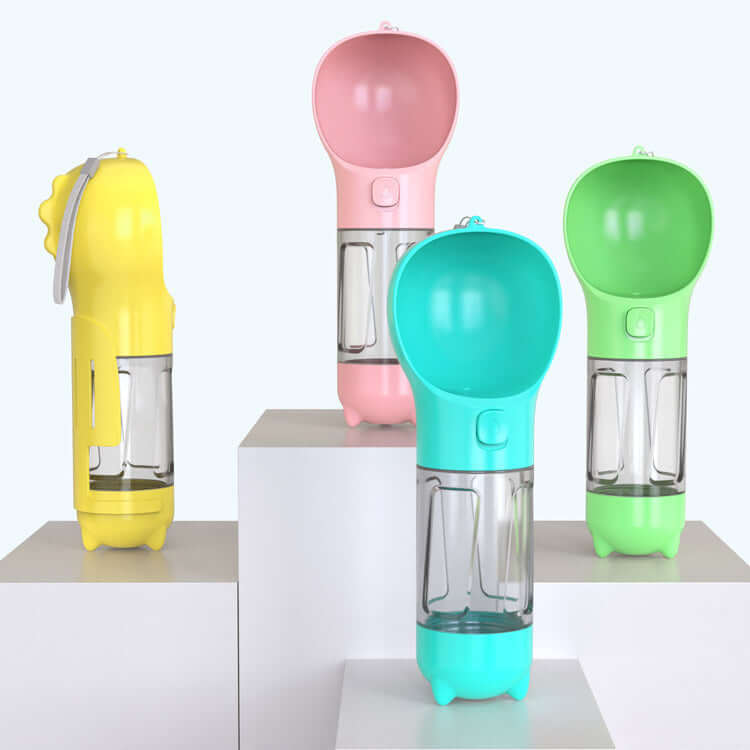 Bouteille d'eau portable pour animaux 3 en 1, disponible en jaune, rose et vert, idéale pour l'hydratation en extérieur.