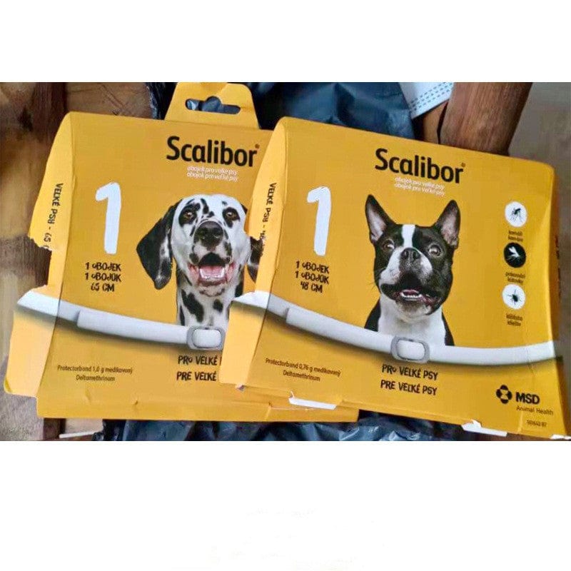 Colliers Scalibor pour chiens, efficaces contre les puces et les tiques, présentés dans un emballage jaune.
