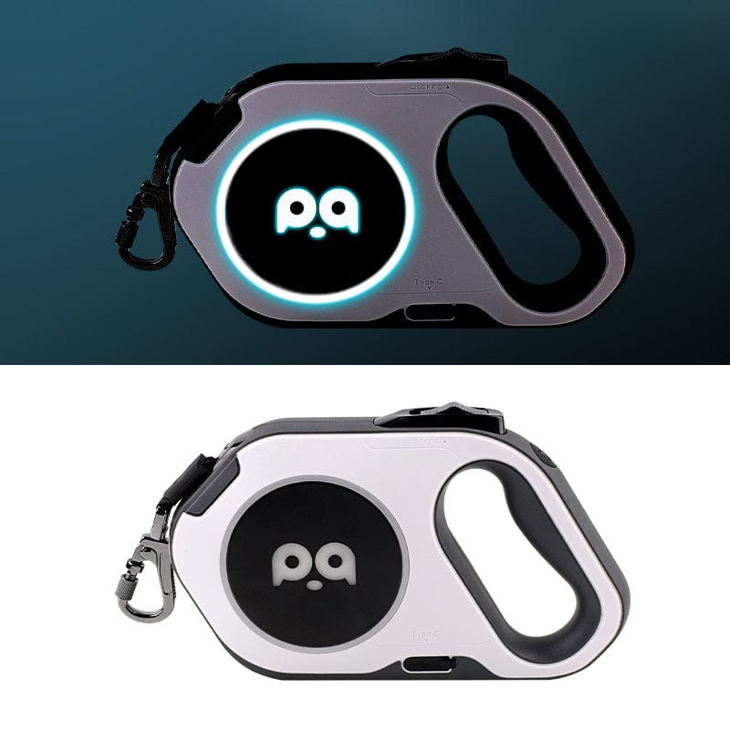 Laisse à chien LED rétractable automatique avec design moderne, vue de face et arrière, pour sécurité nocturne.