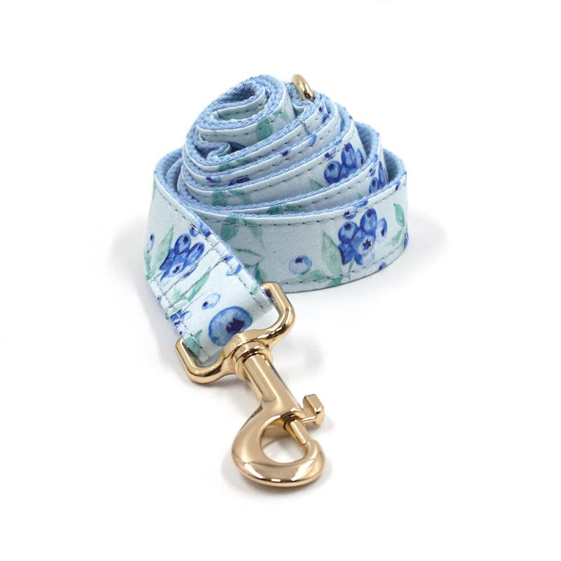 Harnais et laisse à motif myrtille pour chien, en polyester, avec clip doré, idéal pour des promenades stylées.