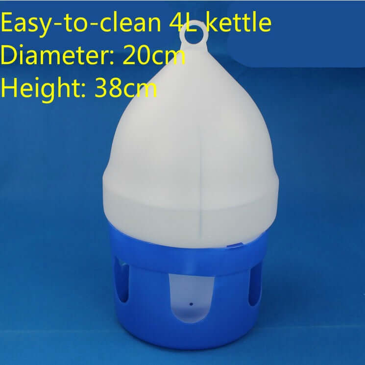 Easy-to-clean 4L kettle with a blue base, diameter 20cm, height 38cm, ideal for poultry hydration.