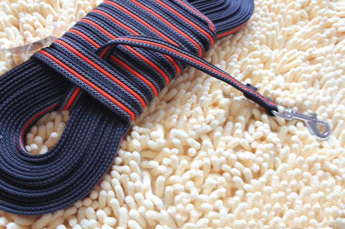 Chaîne de dressage professionnelle pour chien, enroulée avec des couleurs noir et rouge sur fond doux.