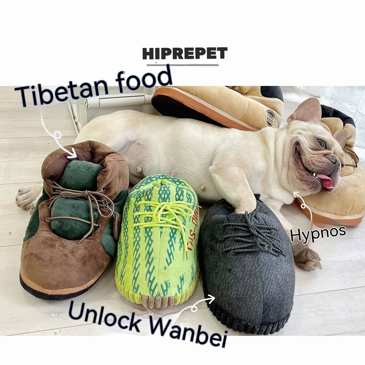 Chaussons en peluche pour chiens avec un chien heureux, jouets confortables pour animaux, accessoires pour animaux.