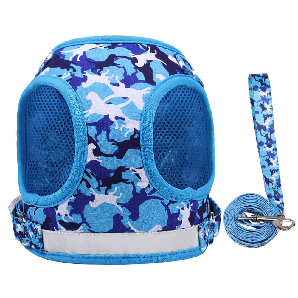 Harnais réfléchi en bleu avec laisse, idéal pour chats, fait de coton et polyester respirant pour un confort optimal.