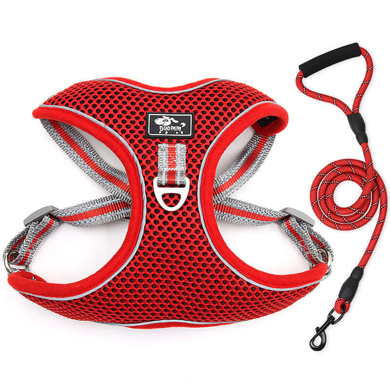 Harnais de poitrine réflechissant rouge pour grands chiens avec laisse assortie, en polyester durable.