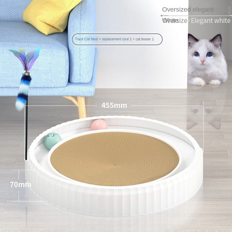 Planche à gratter ronde pour chat avec jouets, design élégant en bois et coussins pour animaux.