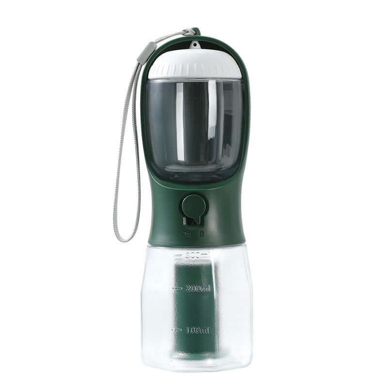 Gobelet d'eau portable 3-en-1 pour animaux, avec compartiment nourriture et sac à déchets.