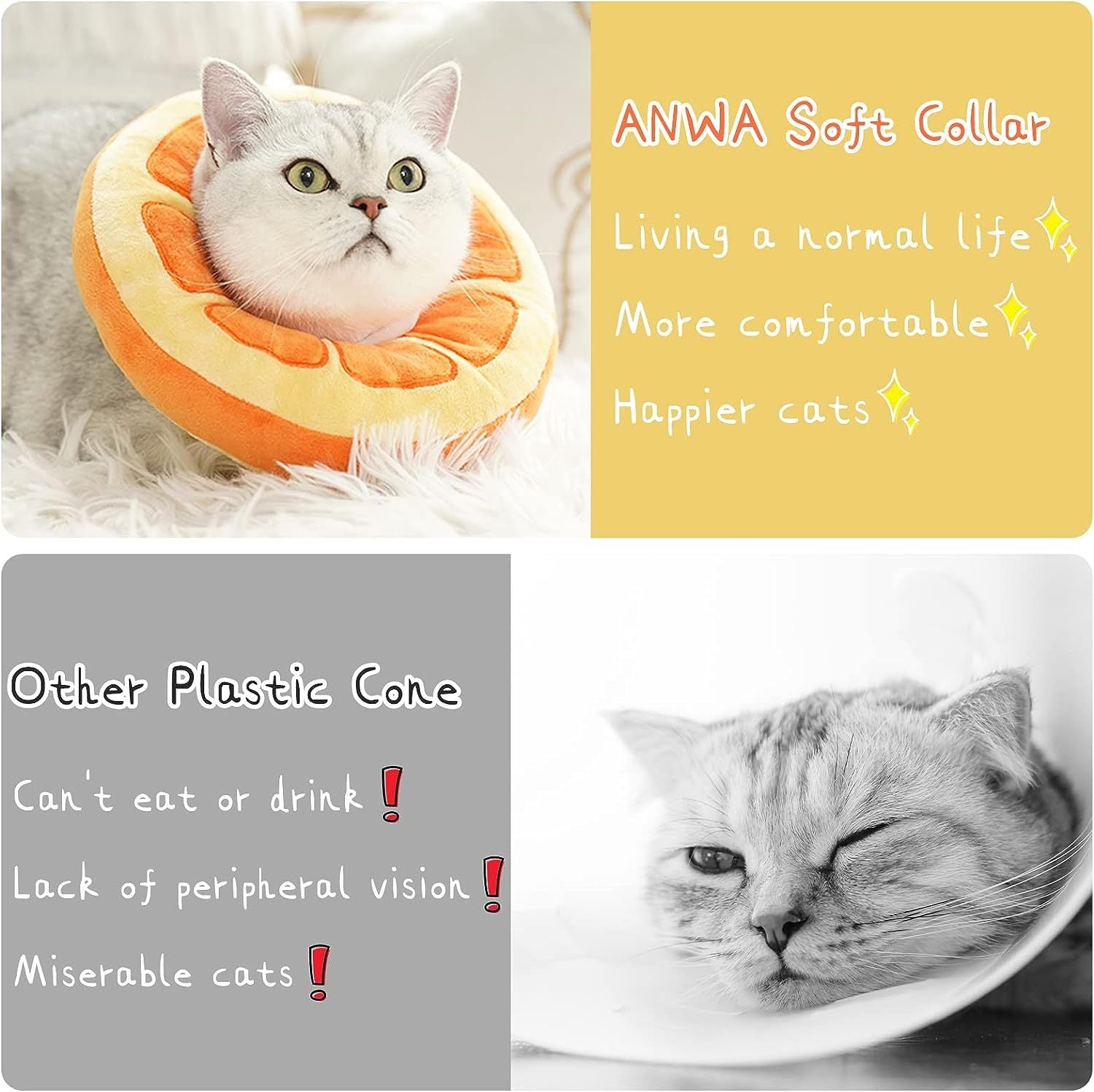 Chat portant un collier doux ANWA, affichant un mode de vie normal et comparant avec un collier en plastique.