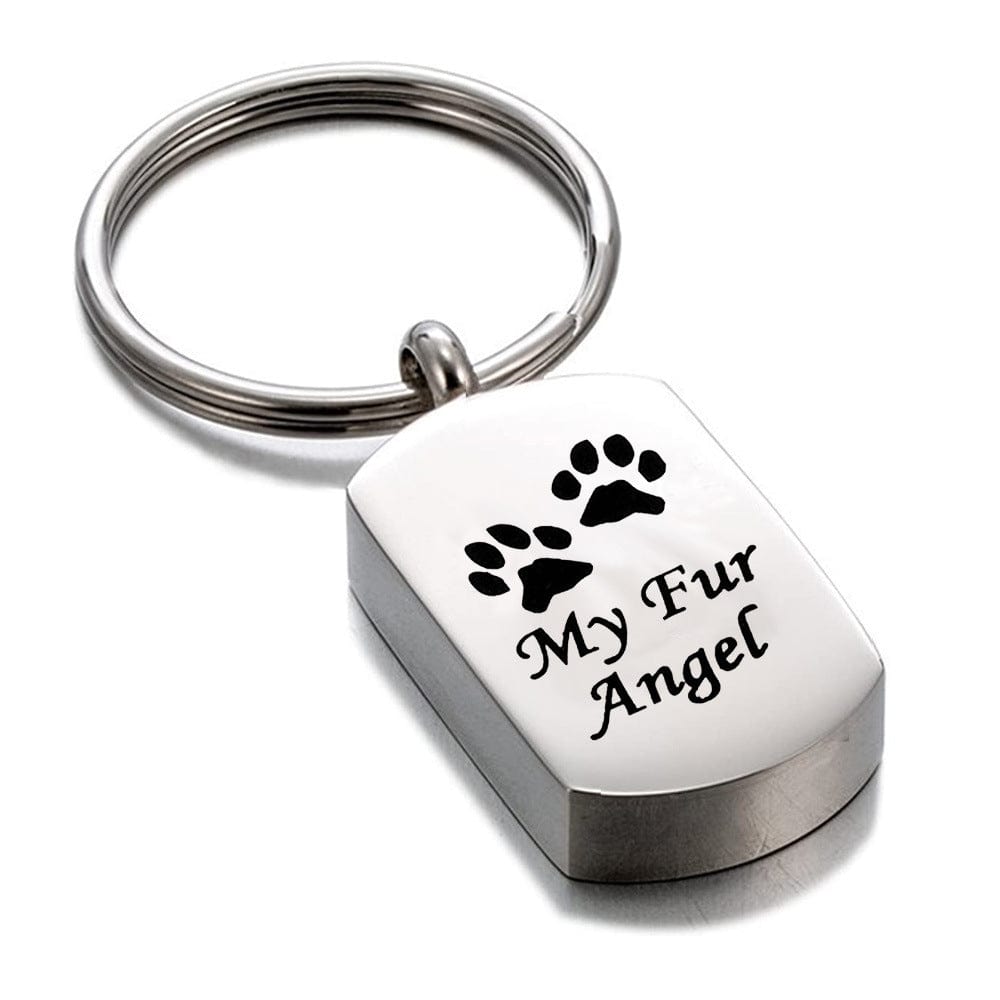 Porte-clés en acier inoxydable avec inscription 'My Fur Angel' et empreintes de pattes, souvenir pour animaux de compagnie.