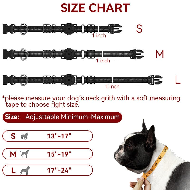 Size chart for adjustable dog collar showing available sizes: S, M, L with measurement details.