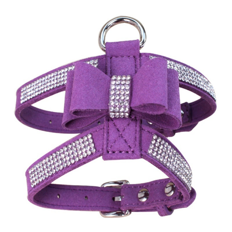 Harnais en velours violet à strass pour chiens et chats, avec un noeud élégant et un design confortable.