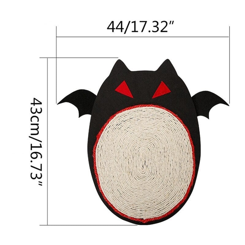 Tapis grattage noir pour chats en forme de chauve-souris avec dimensions de 44x43cm.