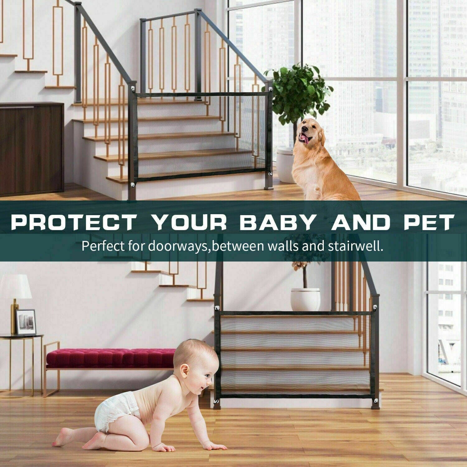 Barrière de sécurité pour bébés et animaux, idéale pour les portes et escaliers, avec un chien et un bébé.