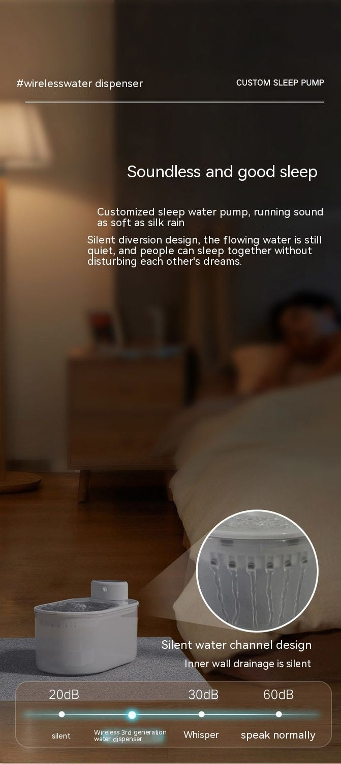 Distributeur d'eau intelligent sans fil, fonctionnement silencieux, design élégant pour un sommeil paisible.