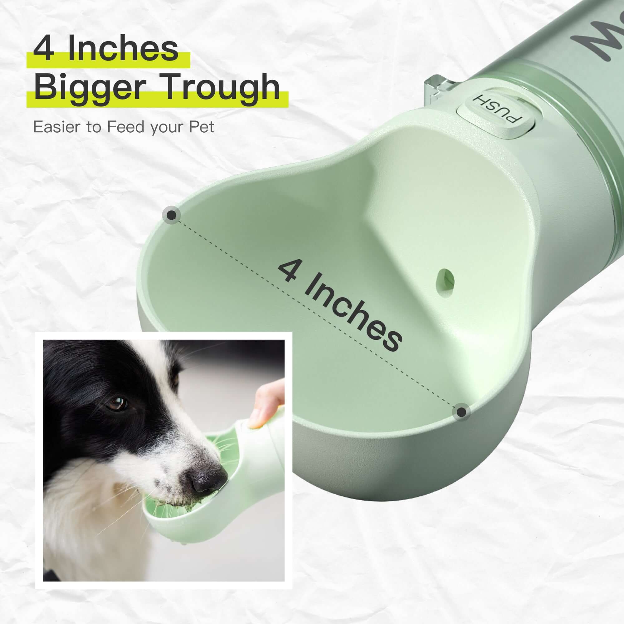 Mewoofun dog water bottle with 4-inch bigger trough design for easier pet feeding
