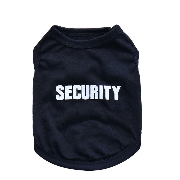 Gilet de sécurité noir pour petit chien avec impression "SECURITY" en lettres blanches.