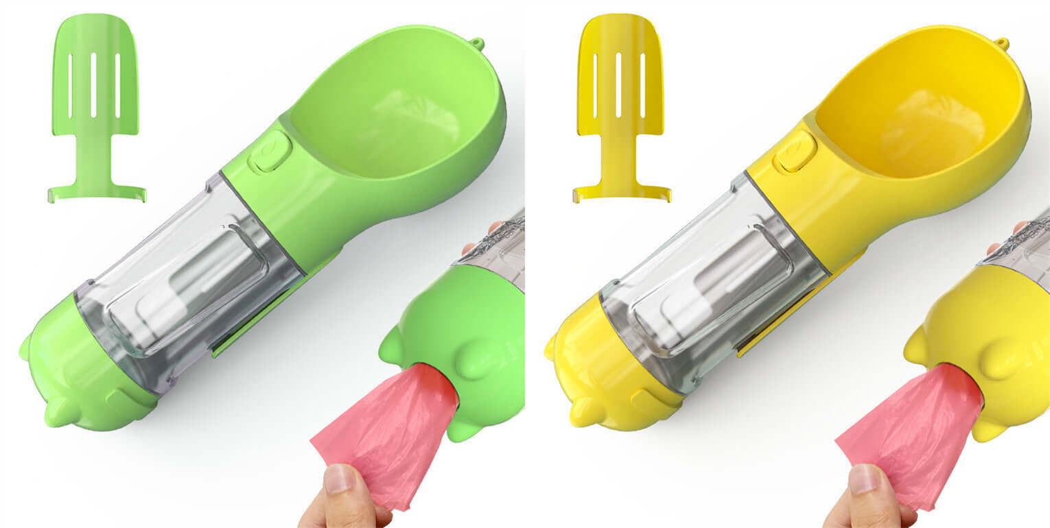 Bouteille d'eau portable 3 en 1 pour animaux, design ergonomique, couleurs vert et jaune, inclut accessoire pratique.