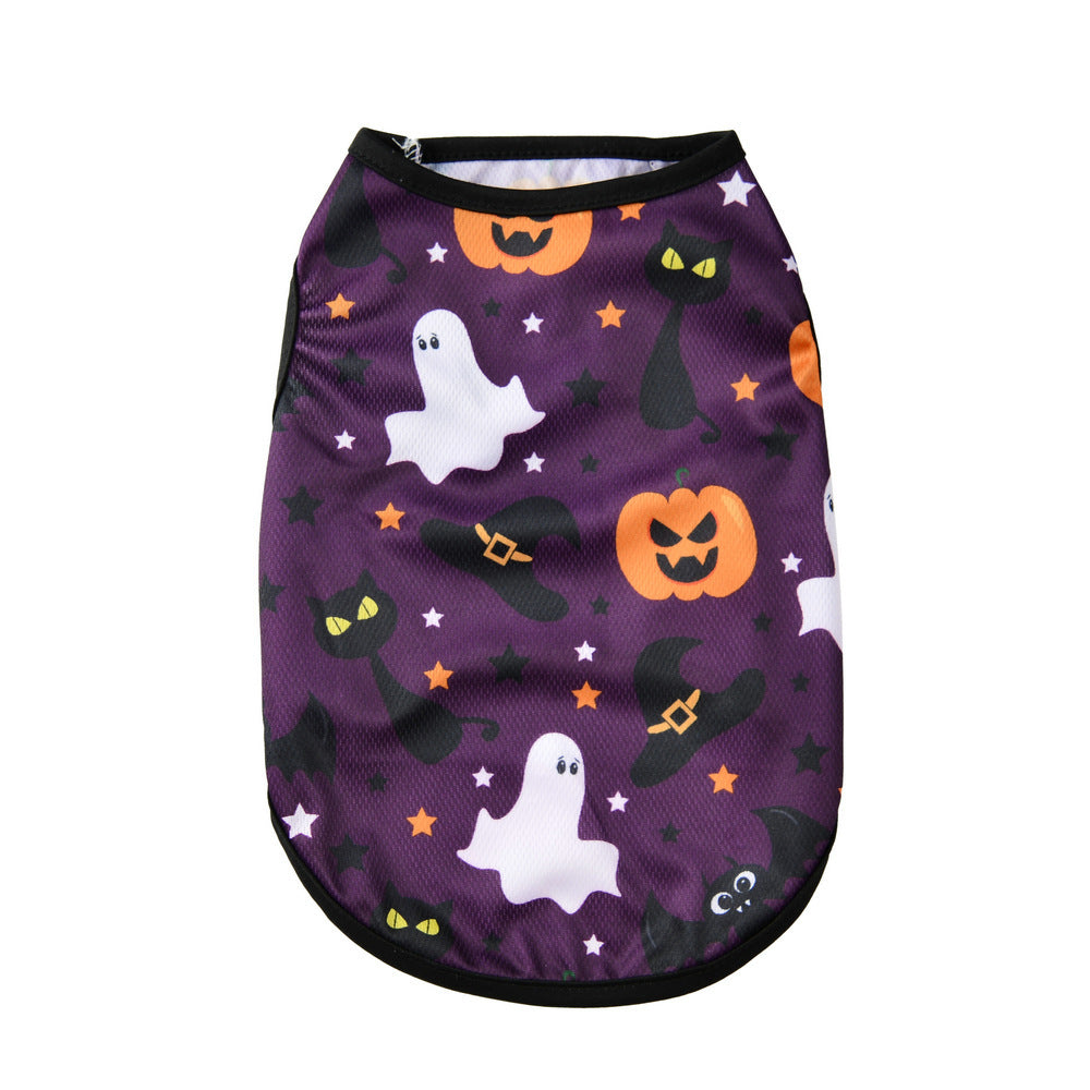 Costume d'Halloween pour chien avec motifs de fantômes et citrouilles sur fond violet