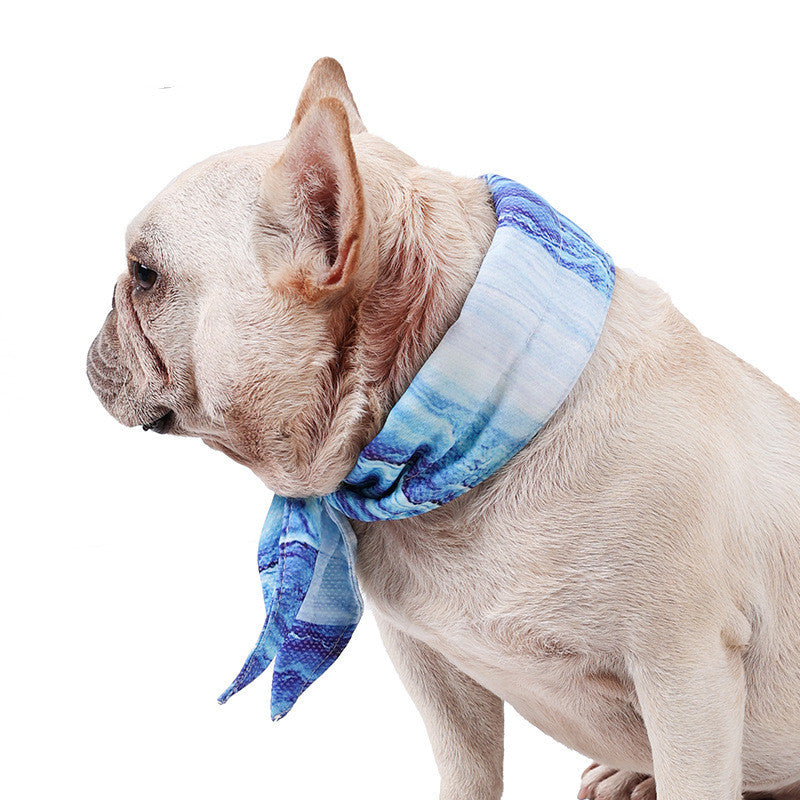 Chien portant une écharpe rafraîchissante à motif bleu, offrant confort et style pendant les journées chaudes.