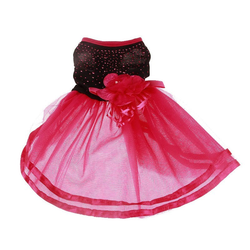 Robe de mariée pour chiens Pet Princess avec jupe en tulle rose et fleurs, idéale pour événements spéciaux.