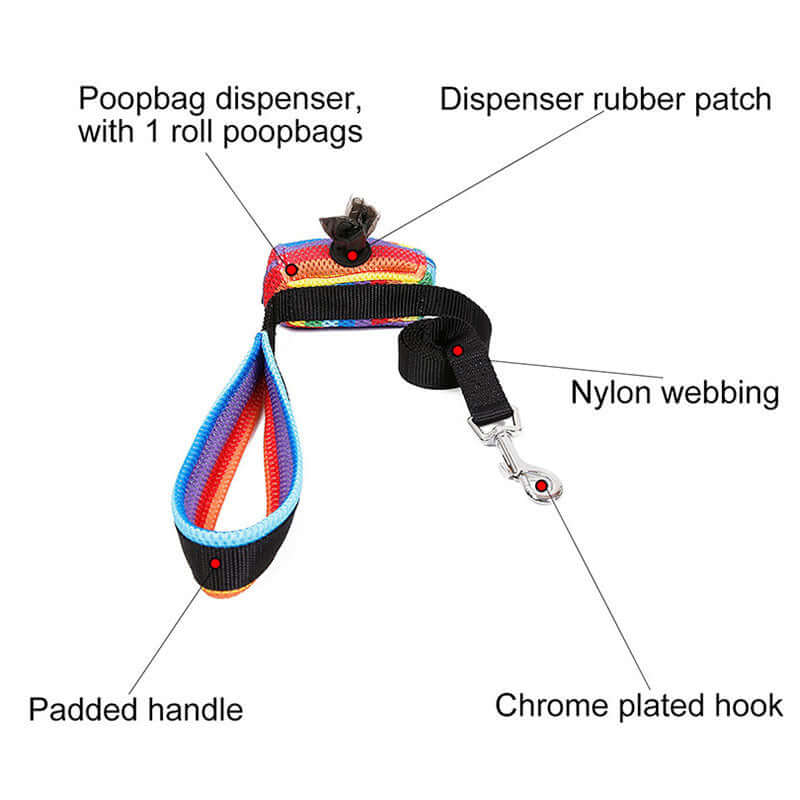 Colorful dog leash with poop bag dispenser, padded handle, nylon webbing, and chrome plated hook.