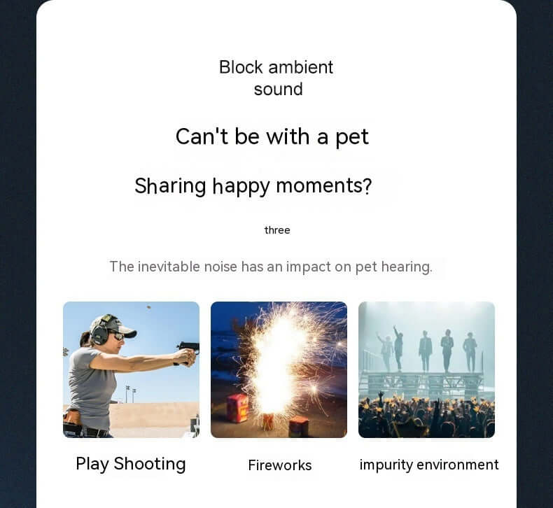Image depicting noise impacts on pets with visuals of shooting, fireworks, and a concert environment.