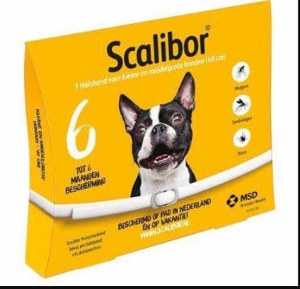 Collier Scalibor pour chiens, protection contre les parasites, conçu pour petites et moyennes tailles.