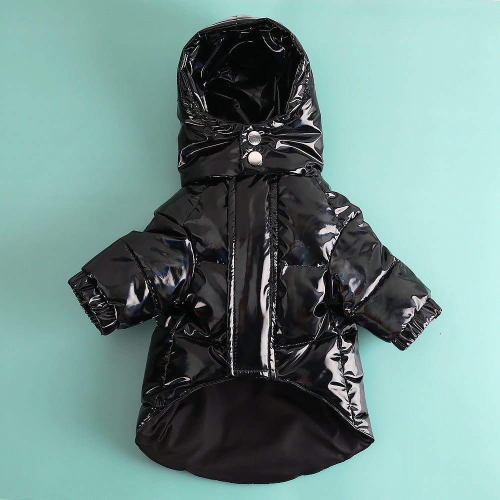 Veste douillette pour chien en duvet épais, noir, avec capuche, conçue pour garder votre chien au chaud.