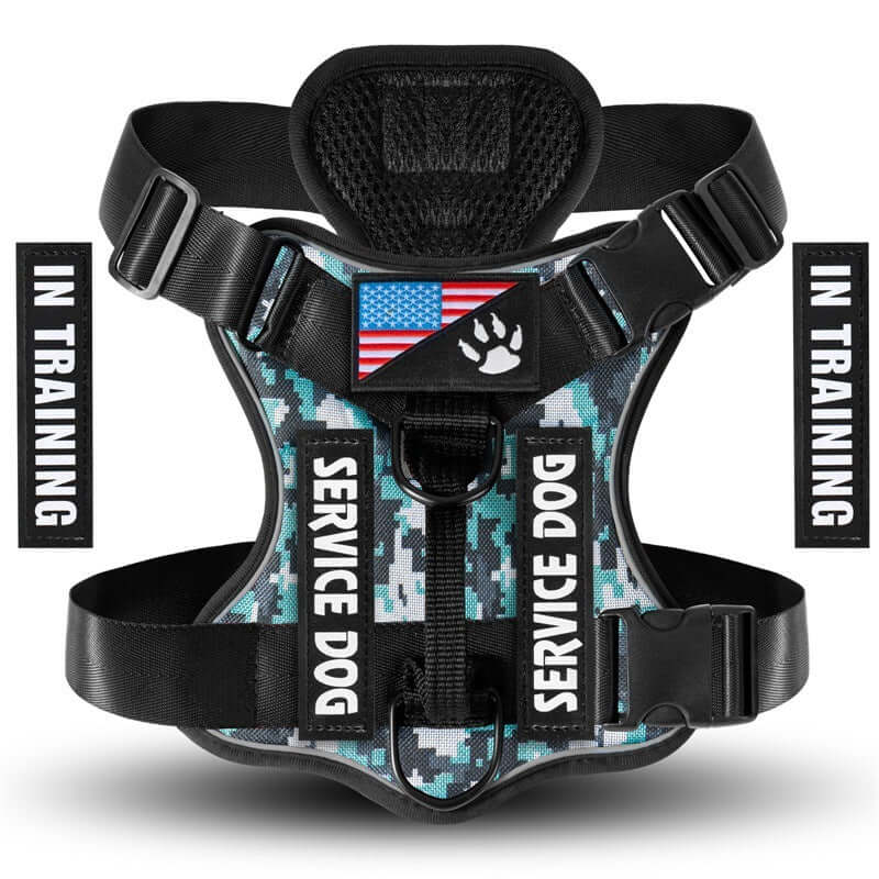 Harnais tactique pour chien avec motif camouflage, étiquettes 'In Training', et drapeau américain.