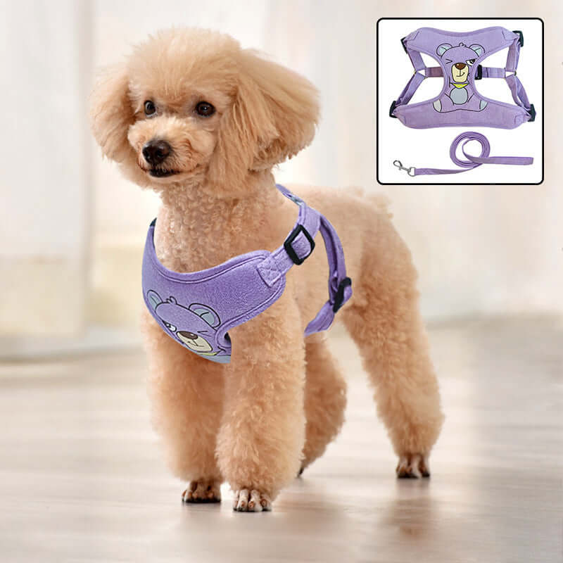 Petit chien en harnais en suède violet, conçu pour le confort et l'élégance lors des promenades.