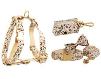 Collier pour chien à fleurs blanches, laisse, nœud, sac à crottes et harnais en coton biologique.
