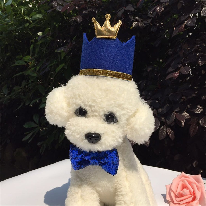Chien portant un chapeau de fête anniversaire bleu avec une couronne dorée et un nœud papillon, prêt à célébrer.