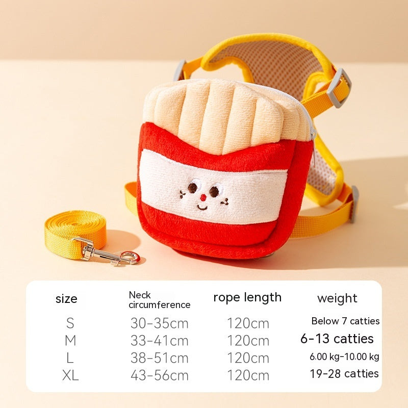 Sac à dos pour chien en forme de frites avec laisse, taille S à XL, matériel doux et coloré.