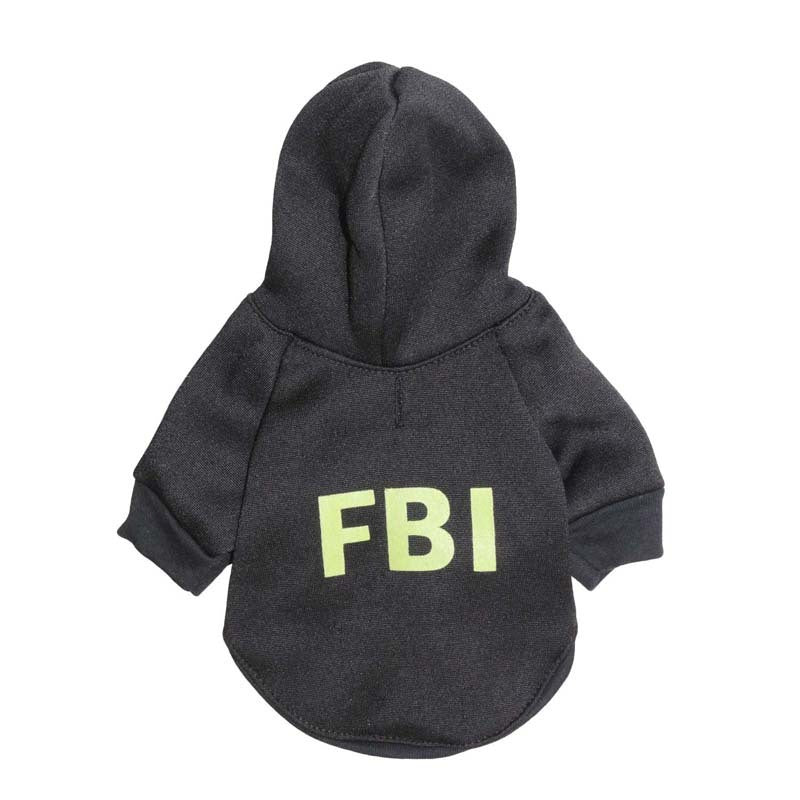 Vêtement pour chien en fleece noir avec capuche et impression FBI, idéal pour le confort et le style de votre animal.