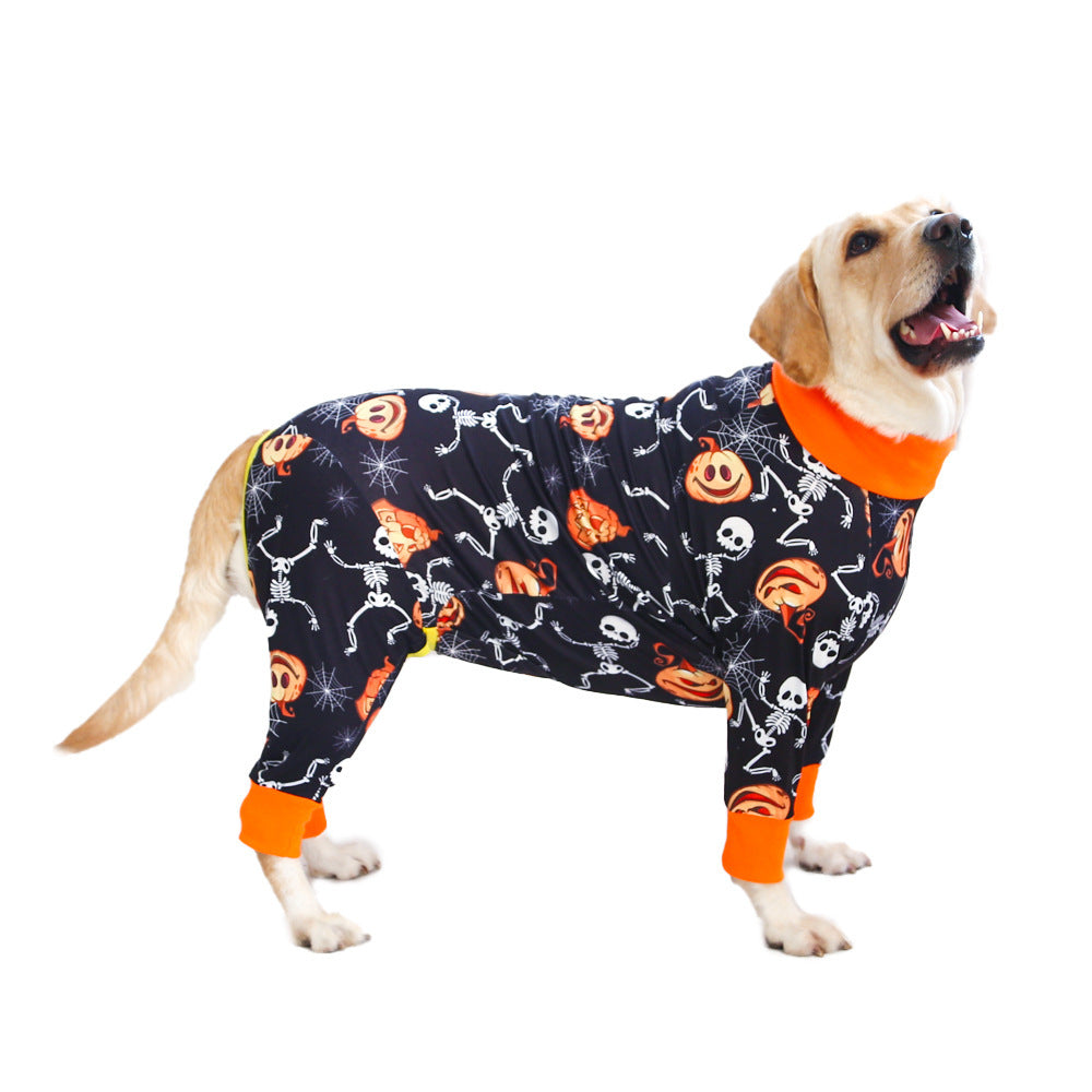 Chien en pyjama en coton avec motif Halloween, orange et noir, parfait pour le confort et le style des animaux.