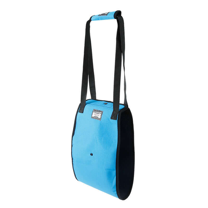 Sac bleu avec bandoulière pour animaux de compagnie, parfait pour transporter chiens et accessoires lors des promenades.