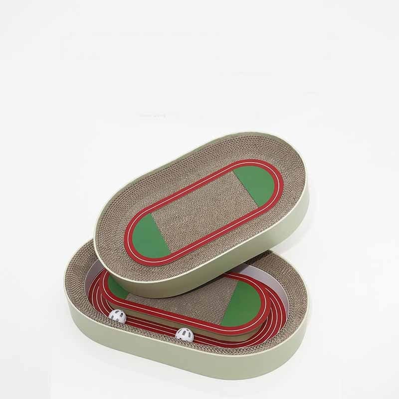 Plateau à griffer en carton pour chat, imitant un terrain de football, idéal pour le grattage et le jeu.