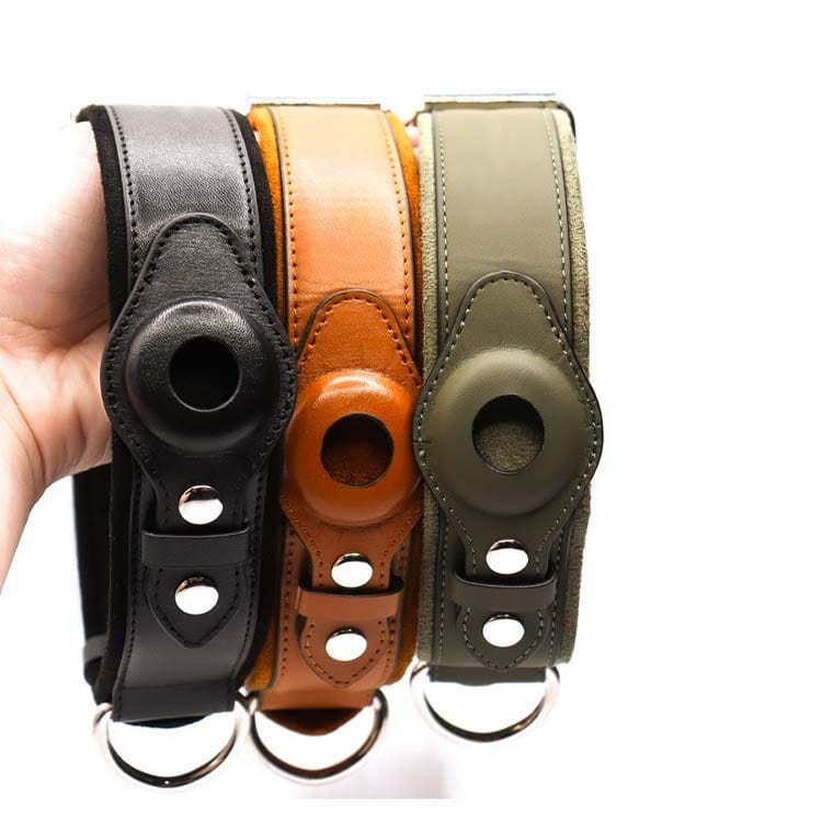 Collier en cuir pour chien avec localisateur GPS, disponible en noir, marron et vert, offrant confort et sécurité.