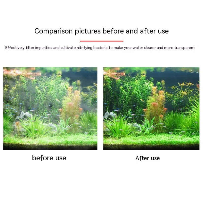 Comparative image of aquarium water clarity before and after using ceramic filtration material.
