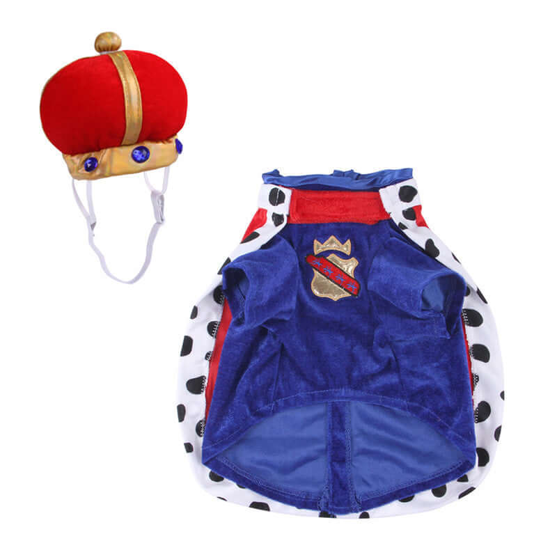Ensemble d'accessoires pour chien comprenant une couronne rouge et un manteau à pois noirs.