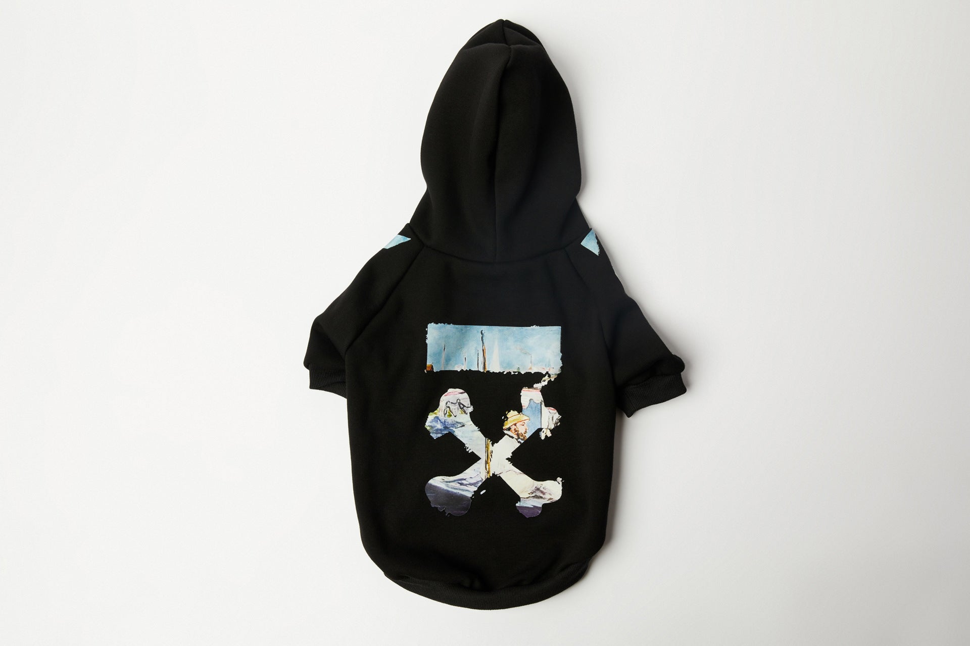 Sweat à capuche noir pour chien avec design coloré au dos, élégant et décontracté.