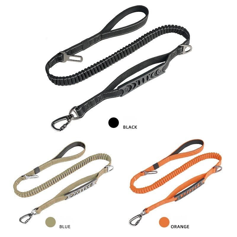 Ceinture de traction rétractable réfléchissante pour animaux en noir, orange et khaki, fabriquée en nylon.