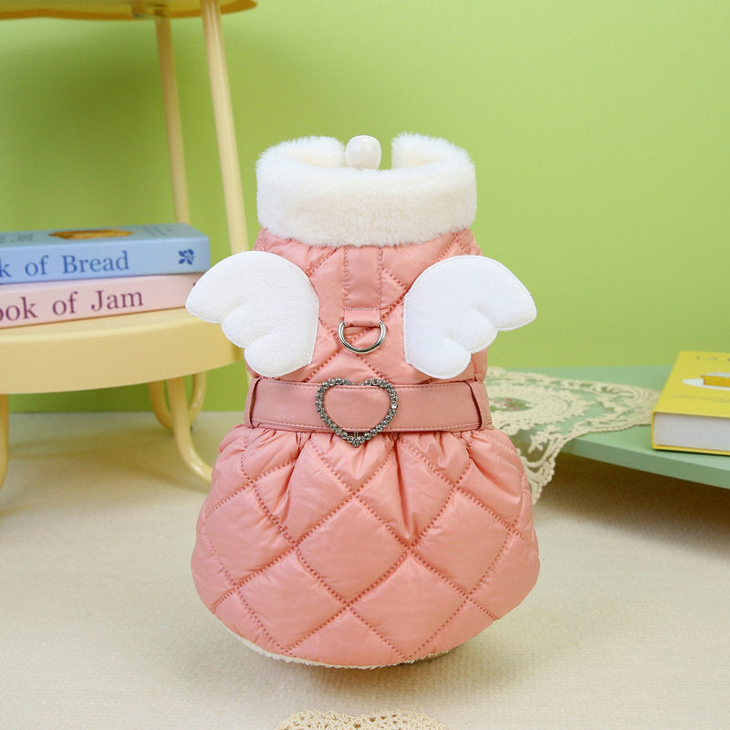 Jupe en coton épais pour chiens petits, style angélique en rose avec ailes mignonnes et ceinture en forme de cœur.