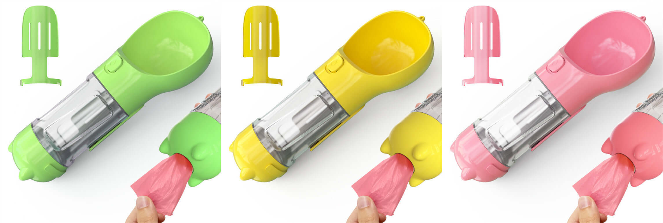 Bouteille d'eau portable 3 en 1 pour animaux en vert, jaune et rose, idéale pour l'hydratation en extérieur.