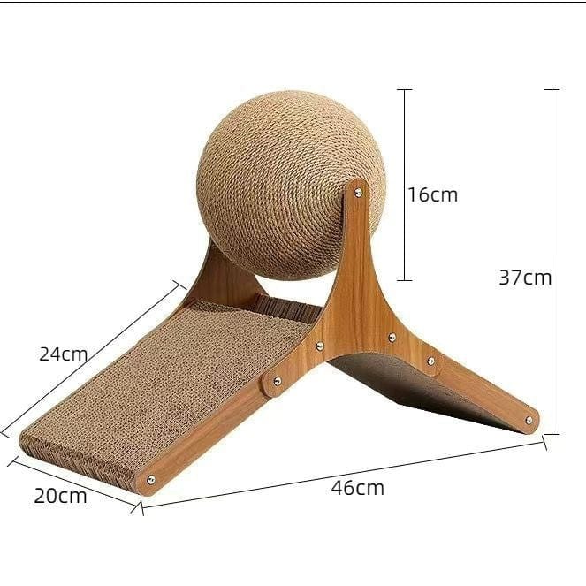 Planche à griffer Ferris Wheel en bois avec sphère en sisal, dimensions 46x37x24cm, idéale pour le bien-être des chats.