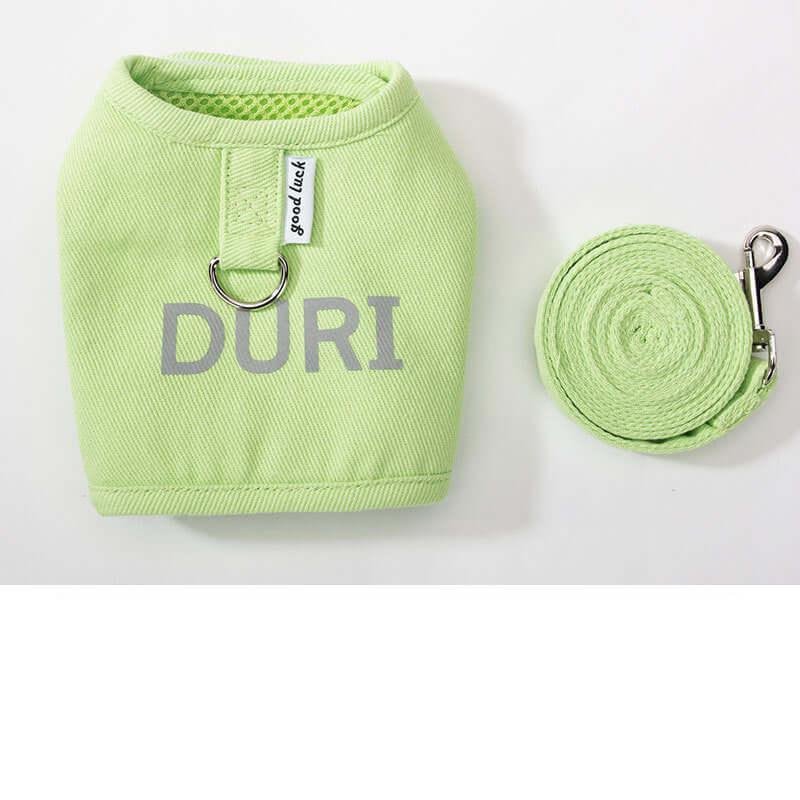 Harnais et laisse pour chiens en tissu tissé, modèle vert, avec anneau pour fixation.