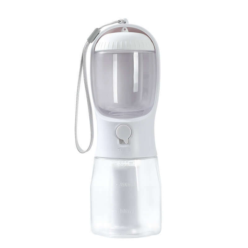 Gobelet d'eau portable 3-en-1 pour animaux, inclut conteneur à nourriture et compartiment pour sacs à déchets.