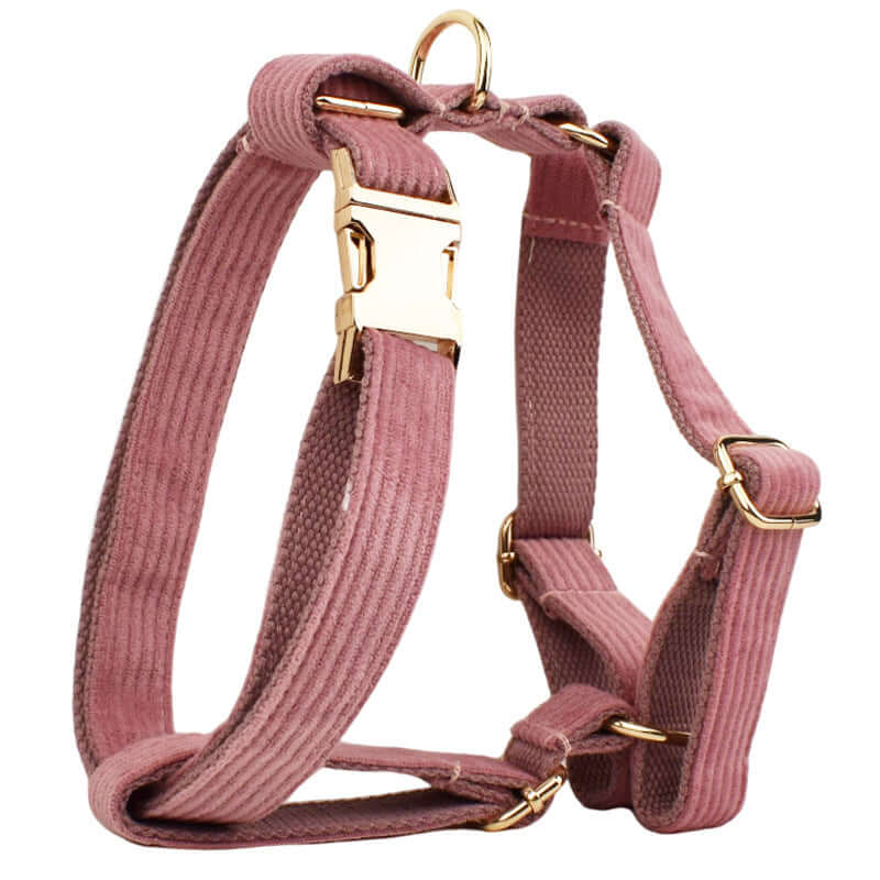 Collier en velours côtelé rose avec attaches dorées pour chien, confortable et élégant pour les promenades.
